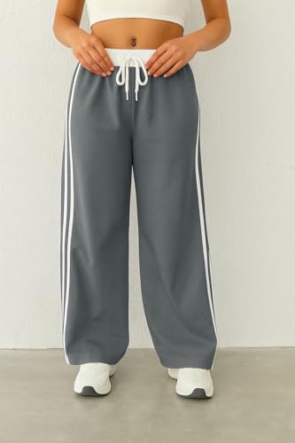 Image of SAKHWALA Women Track Pant | Women's Wide Leg Track Pants High Waist Drawstring Sweatpants with Side Stripes, Casual Loose Fit Lounge Joggers, White