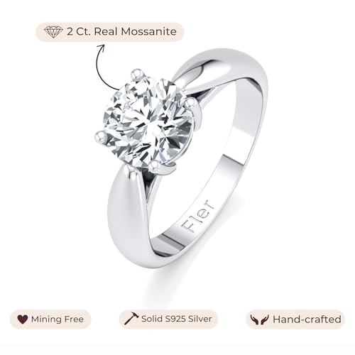 2CT Solitaire Moissanite Engagement Ring for Women, 8MM Round D Color VVS1 Clarity, 4-Prong Handmade Stone Setting - 22K White Gold Filled Solid 925 Sterling Silver, Promise Rings for Her2