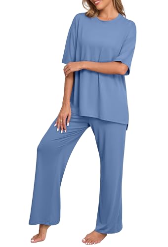 PrinStory Comfy Pajamas for Women Set Womens Pjs Sets Two Piece Lounge Set Ladies Loungewear with Pockets Gray Blue-XL