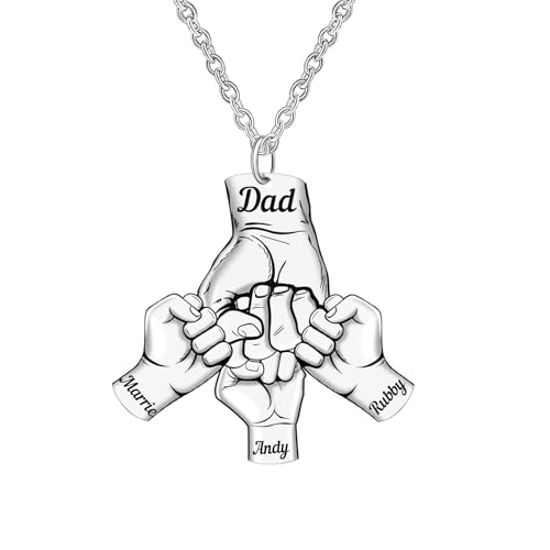 Personalized Dad Necklace Custom Engraved Name Necklace for Men Hand Fist Necklace for Papa Stainless Steel Necklace Customized Family Necklace with Names for Grandfather Birthday Gift for Daddy