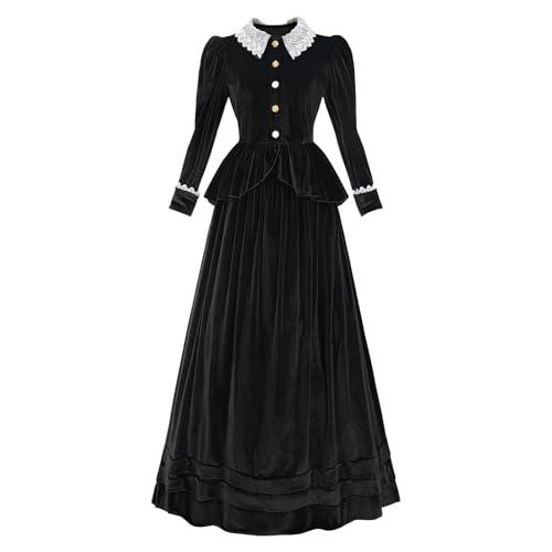 CR ROLECOS Viktorianische Kleid Kostüm Abendkleid Vintage A-Linie Rock Hochzeitsgäste Kleid Schwarzes Samt S