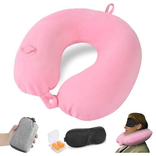 JetsCush Almohada de Viaje Hinchable, Cojin Cuello Viaje Compacto con Máscara para Ojos y Tapones para los Oídos, Almohada Viaje Cuello Hinchable en Avión, Tren o Oficina, Rosa