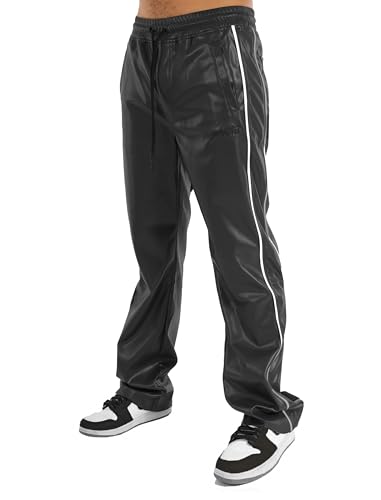 SCREENSHOT-P61307 Mens PU Urban Premium Track Pants - Vegan Leather Athletic Active Streetwear Side Trimmed Fashion Bottoms-Black-Small