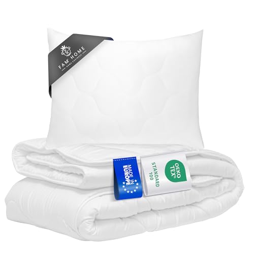 Fam' Home Kopfkissen 80x80 cm mit Bettdecke 135 x 200 cm – Allergikerfreundliches Ganzjahres-Mikrofaser Kissen- & Decken-Set, maschinenwaschbar, Oeko-TEX® Zertifiziert