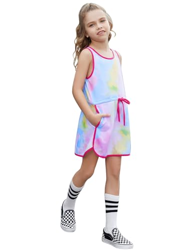 Perfashion Girls T-Shirt Dress Drawstring Waist Tank Dress Terry sundress with Pockets for 4-13 Years
