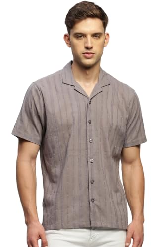 Image of SHOWOFFFF Men Solid Casual Shirt | Cuban Collar Half Sleeves Cotton Shirt for Mens | Relaxed Fit Regular Length Shirt for Men's