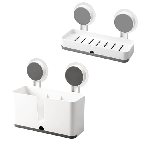 Image of SHALVI Plastic Soap Dish & Wall Mount Self Adhesive Toothbrush Holder with Drain Tray for Bathroom |Soap Box for Bathroom | Toothbrush Holder, White