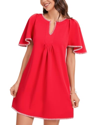 Image of KEOMUD Women's Summer Short Sleeve Mini Dress Casual V Neck Contrast Trim Flowy Shift Dresses with Pockets