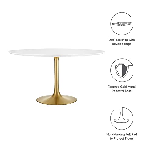 Image of Modway Lippa 54 inch Mid-Century Modern Dining Table with Round White Top in Gold White