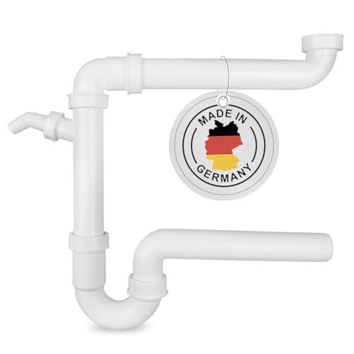 AQUADE Raumsparsiphon Küche aus Kunststoff Weiß 1 1/2 Zoll x 40 mm mit waagerechtem Abgang und 1 Abwassernschluss 19-23 mm - Abflussrohr Waschbecken Geruchsverschluss Siphon mit Grätenschluss