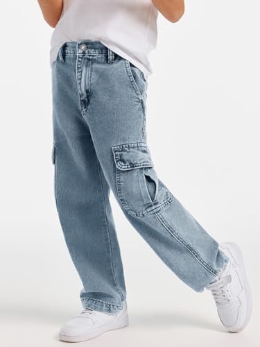 Haloumoning Boys Cargo Baggy Pants Elastic Waist Wide Leg Jeans Casual Demin Pants with Pockets 5-14 Years3