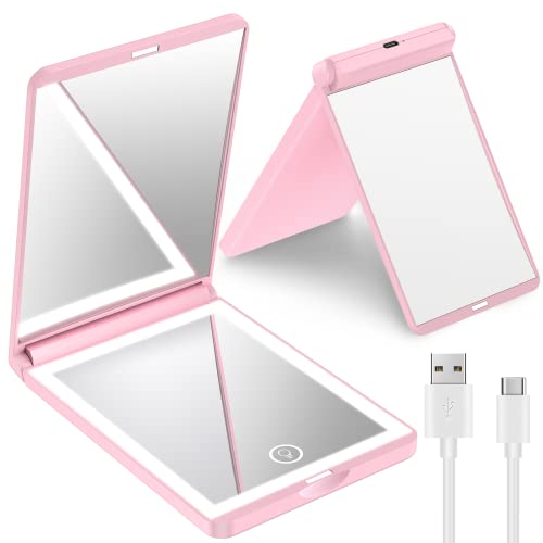 Benbilry Led Lighted Compact Makeup Mirror With Magnetic Switch, [1X/3X Magnification & Type-C Rechargeable & Adjustable Brightness & 300° Flip], Portable Travel Mirror Foldable Handheld Mirror Pink #TOP11