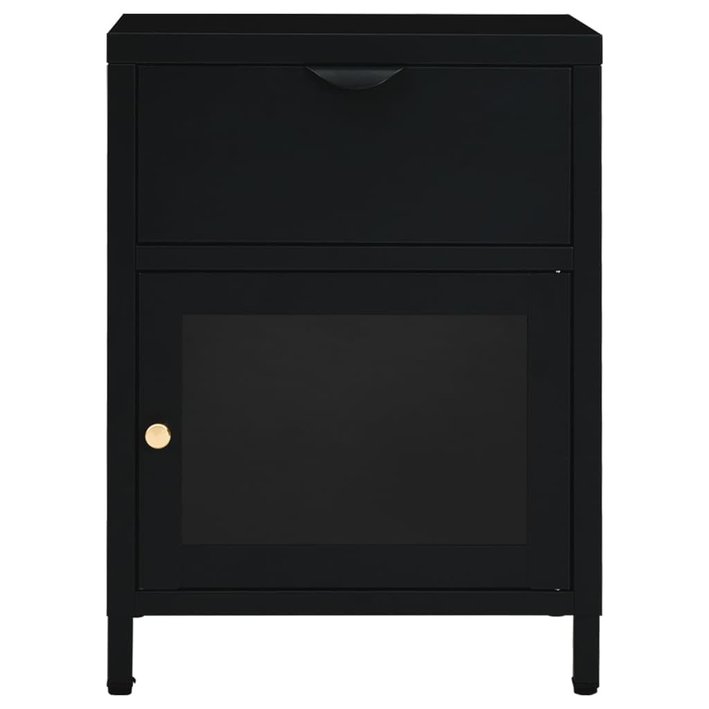 Table de chevet noire 40x30x54,5 cm en acier et verre avec tiroir