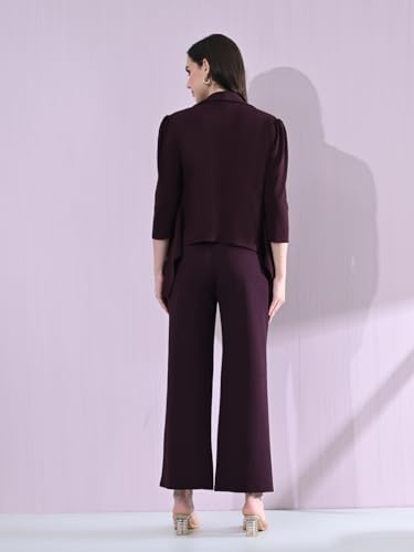 Image of Women's Solid Relaxed Fit 3 /4 Sleeve Cotton Blend Co-ord Blazer and Trouser Set