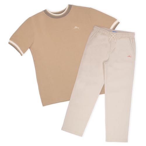 Tommy Bahama Boys Casual Crewneck Short Sleeve T-Shirt & Elastic Waist Pants Set, 2-Piece Back to School Outfit for Kids (Tan/Beige, Size 4)