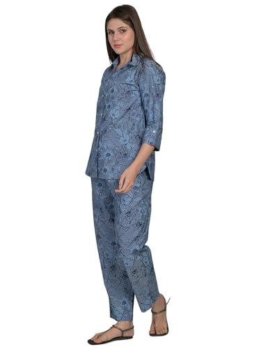 MAYSIXTY Women’s Floral Print Co-Ord Set | Stylish 2-Piece Loungewear with Tunic Top and Matching Pants | Casual Wear, Travel, Work from Home & Daily Comfort (Denim Blue, S)