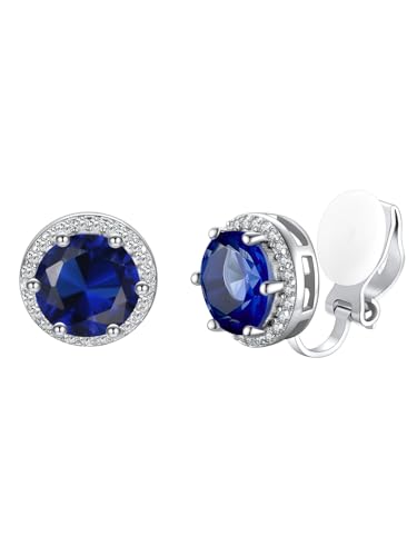 Silvora 925 Silver 8MM Cubic Zirconia Birthstone Clip On Stud Earrings Round Non Pierced Earrings For Women,Come with Box
