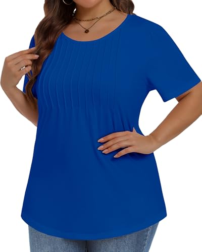 Image of Plus Size Tops for Women Pleated Summer Top Trendy Short Sleeve Shirts Casual Basic Tee Crew Neck Blouses 2026