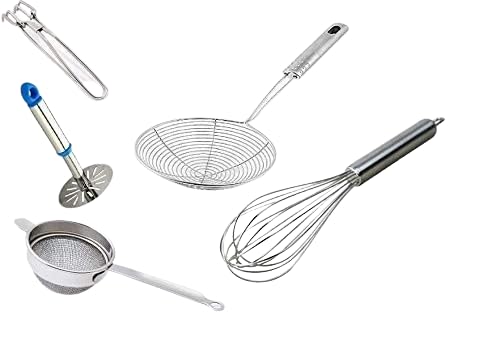 The Best Kitchen Essentials Tools Set of 5, Potato Masher,Egg Beater,Tea Strainer,Puri Strainer and Tong/pakkad in Stainless Steel Body