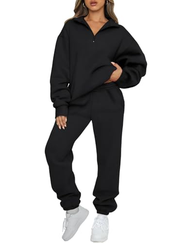 JFAN Survêtements Femme Ensemble 2 Pièce Ensemble Sport Jogging Sweat Manches Longues Zippé Col V Chaud Set Pantalon Casual Outfit Noir S