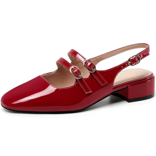 Mostrin Red Women Double Strap Slingback Mary Jane Shoes Closed Toe Low Block Heel Comfort Round Toe Pumps Office Wedding Dress Shoes Size 8