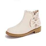 Coutgo Girls Bow Ankle Boots Ruffled Chunky Heel with Classic Side Zipper Dress Booties for Little Kids/Big Kids, Biege, Size 3