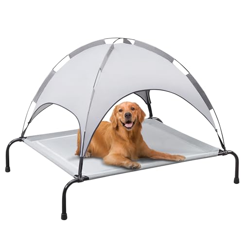 PRAISUN XL Outdoor Dog Bed with Canopy, Elevated Dog Bed, Textilene Mesh, Metal Frame for Indoors,...