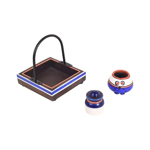 Image of Aakriti Art Creations Flavor Harmony Blue Tray Set with Ceramic Salt & Teak Wood | Handcrafted Abstract Art Kitchen & Dining Organizer Set | Matte & Glossy Finish Salt Pepper with Toothpick Holder