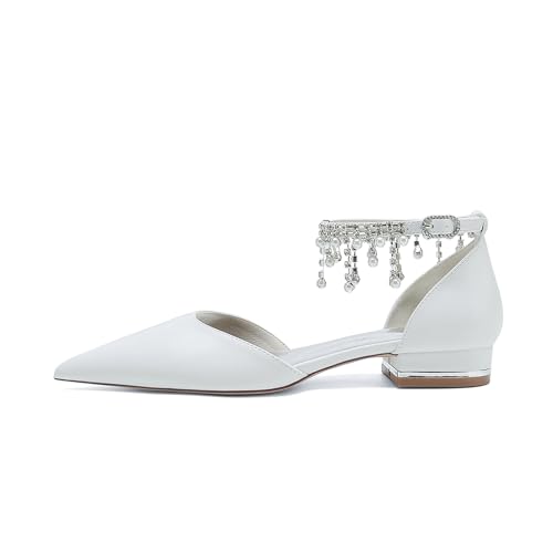 Elegance Women Classic Pointed Toe D'Orsay Wedding Flat Shoes PU Pearl Ankle Strap Low Heel Dress Shoes2