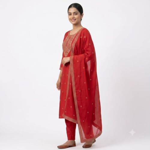 Image of Women's Embroidered Pant with Dupatta Set Ethnic Straight| Traditional Elegant Embroidery Work | Regular Fit | Three-Piece Ethnic Dress Set