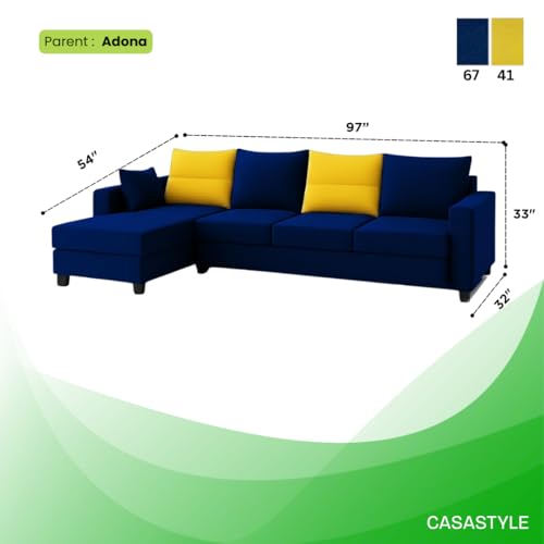 Image of CASASTYLE Texon 5 Seater Fabric LHS L Shape Sofa Set (Yellow-Dark Blue) Velvet Finish | Comfortable Sectional Sofa Set