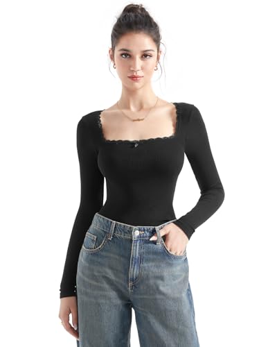 SUUKSESS Women Square Neck Ribbed Long Sleeve Shirts Lace Trim Y2k Crop Top2