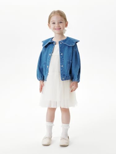 marc & janie Girls Lace Large Lapel Denim Jacket Bubble Sleeve Cotton Outerwear Kids Button Down Tops 2501973