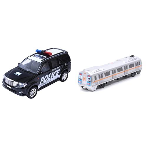 Centy Toys Police Interceptor Fortune Pull Back Toy, Black & Metro Train, Silver Combo, Kid