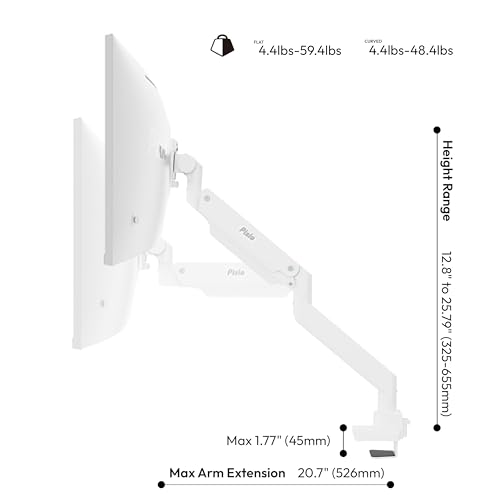 Image of Pixio PS2S Titan White Ultrawide Mega Heavy-Duty Premium Single Monitor Arm Stand fits up to 57 inch Monitors Holds up to 59.4lbs VESA Compatible Integrated Cable Management