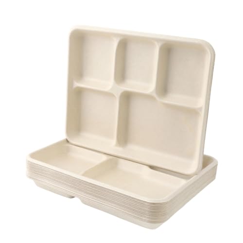 Hrzisda 100/200枚の使い捨て食器、環境に優しい取り外し可能な5点仕切りディナープレート、店内ディナープレート、防臭食器、浅い皿、生分解性で環境に優しい、丈夫な使い捨てサトウキビ紙皿 (ナチュラル5グリッド浅皿,200ピースセット)