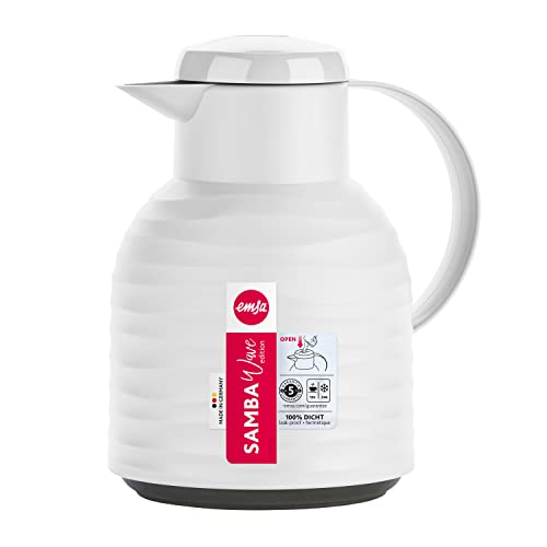 Emsa N40115 Samba Wave Isolierkanne | 1,0 Liter | Quick-Press Kunststoff | Glas-Isolierkolben | Kaffeekanne: 12h heiß/24h kalt | 100 % dicht | weiß