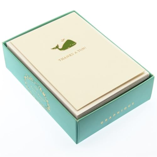 Image of Graphique Whale La Petite Presse Boxed Notecards - 10 Elegant Embossed Green Whale Thanks a Ton! Thank You Cards with Matching Envelopes, 3.25 inch x 4.75 inch