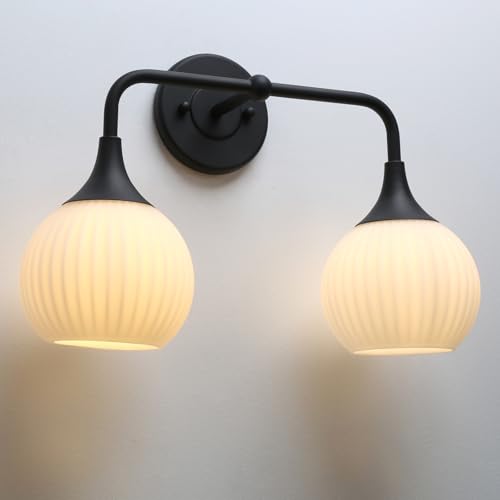 Image of Pathson 2-Lights Milky Globe Wall Sconce Light, Striped Glass Bathroom Wall Vanity Lamp for Mirror, Hardwired Vintage Wall Sconce Lighting for Wall Painting Living Room Bedroom Farmhouse