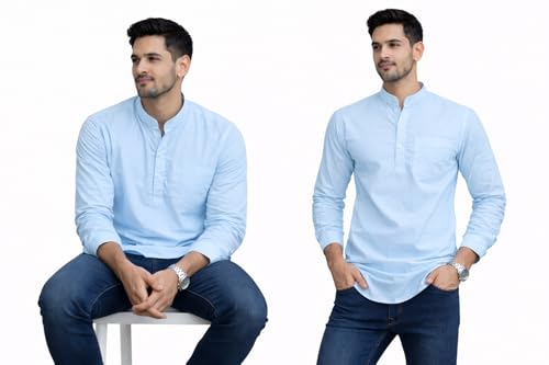 Image of Men's Cotton Kurta, Mandarin Collar Short Kurta, Long Sleeve Casual Shirt for Summer