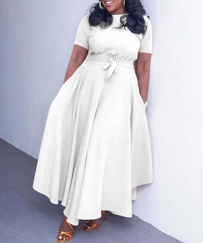 Image of Hostoyo Women Plus Size Formal A Line Maxi Dress Self Tie Waist with Pockets Elegant Round Neck Swing Long Dresses
