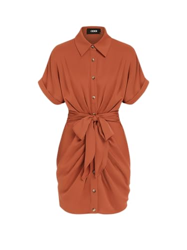 CIDER Shirt Dress Collar Button Down Bowknot Short Sleeve Mini Dress Middle Waist Dresses