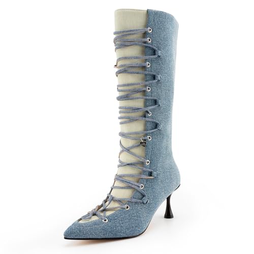 Image of KaroNairy Women Mid Calf Denim Boots Pointed Toe Lace Up Cowboy Boots High Heel Cowgirl Stiletto Thigh Boots blue