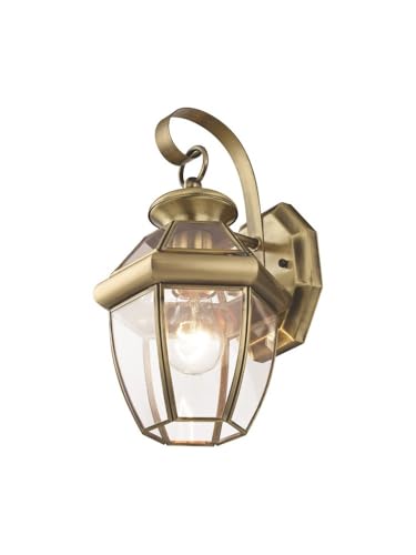 Image of Livex Lighting 2051-01 Monterey 1 Light Outdoor Antique Brass Finish Solid Brass Wall Lantern with Clear Beveled Glass | Clear Beveled Glass; Solid brass construction