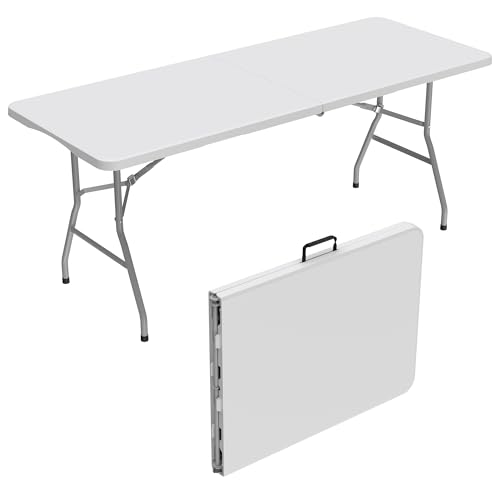 Allpop 6Ft Folding Table for Indoor Outdoor, Fold-in-Half Portable Plastic Dining Table with Carrying Handle for Picnic Party Camping, White