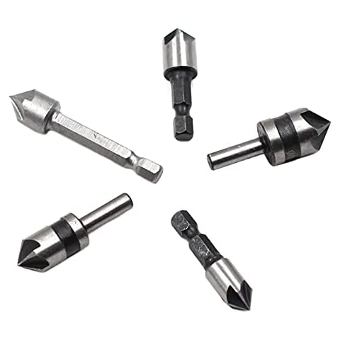 Chiloskit 5pc Wood Metal Countersink Drill Bit Set for Wood Metal Plastic, Woodworking Deburring Chamfer Tool,5 Flutes 82 Degree Cover