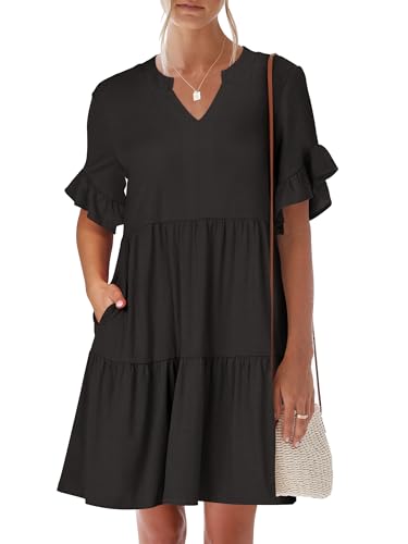 ANRABESS Womens Summer 2026 Trendy Ruffle Short Sleeve V Neck A Line Tiered Flowy Loose Casual Mini Beach Dress with Pockets Black X-Large