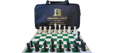 Image of Premium Tournament Vinyl Roll-Up Chess Set, 20x20 Inch, Green | Tournament-Quality Chess Board, Includes Bag, Extra Queen, Notation Book & Piece Storage, Foldable & Portable, Heavy Pieces