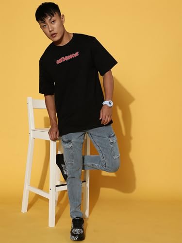 Image of Veirdo Pure Cotton Oversized Baggy Fit Drop Shoulder Stylish and Graphic Printed Round Neck Half Sleeves T-Shirt for Men (Available Color Options: Black, Green, Royal Blue, Lilac & Sky Blue)