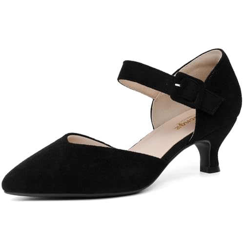 RIBONGZ Comfortable Kitten Heels for Women Pointed Closed Toe Ankle Strap Buckle Heels Slip on Low Heel Church Pumps Wedding Bridal Party Dressy Shoes